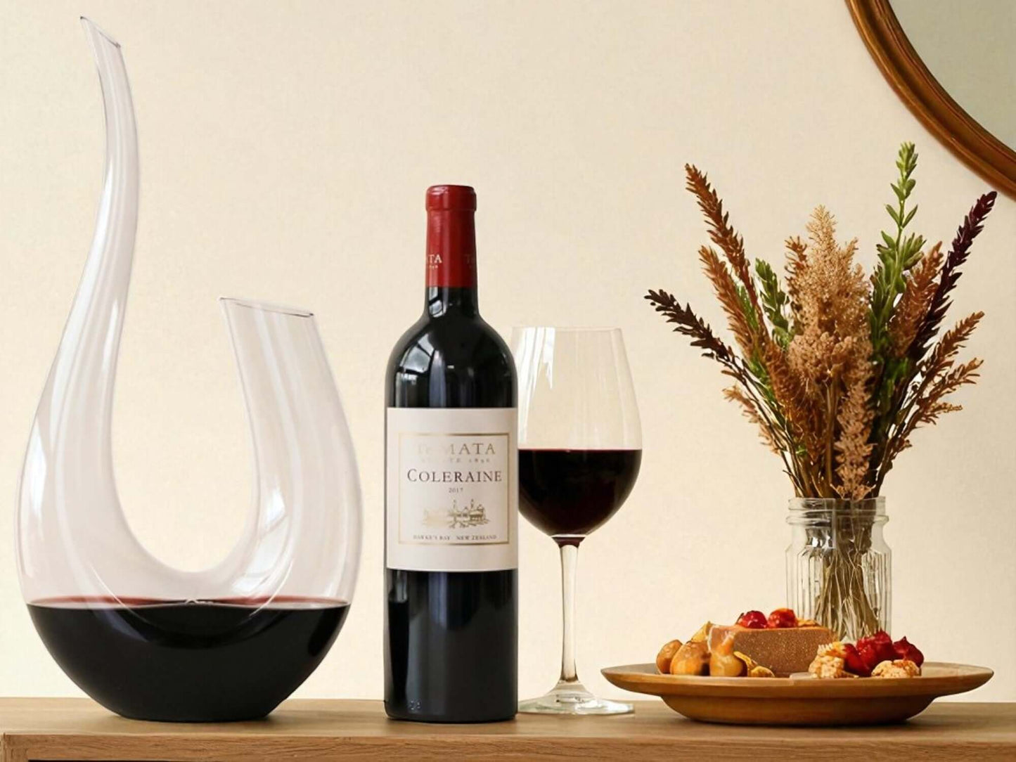 Wine bottle, decanter, glass, and decorative elements on a wooden surface.