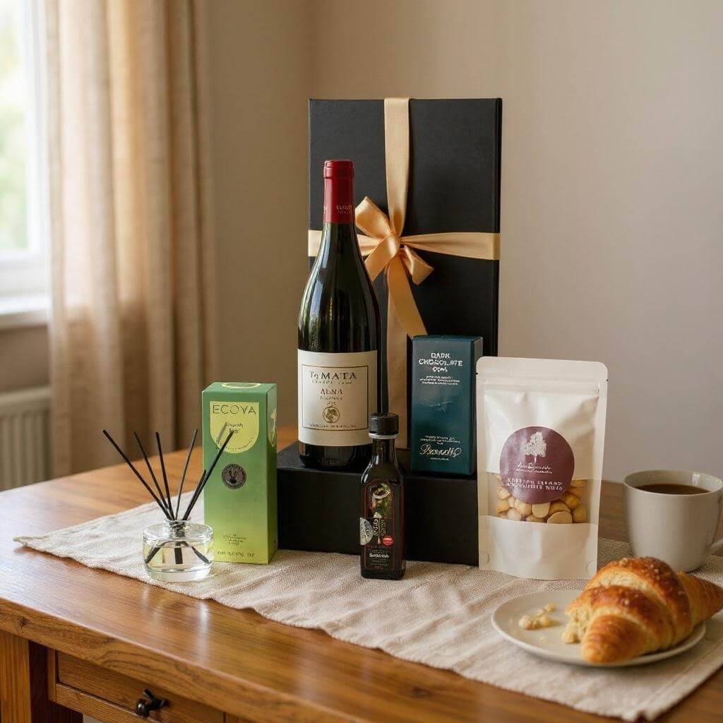 Wine bottle, coffee package, croissant, and other items on a wooden table with a gift box in the background.