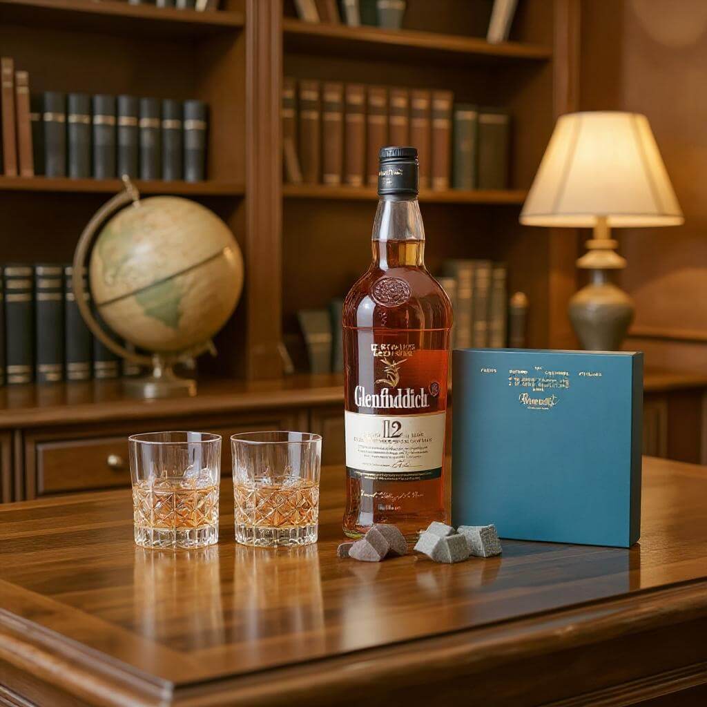 Glenfiddich whisky bottle with glasses and a notebook on a wooden surface, with a bookshelf and lamp in the background.