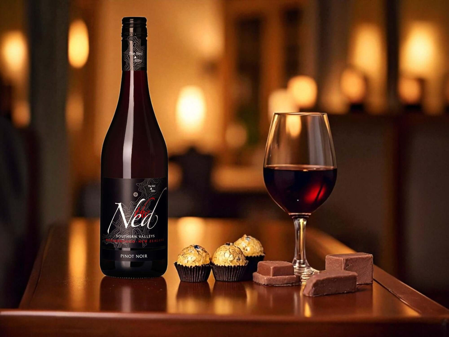 Bottle of Ned Pinot Noir with a glass of wine and chocolates on a wooden table.