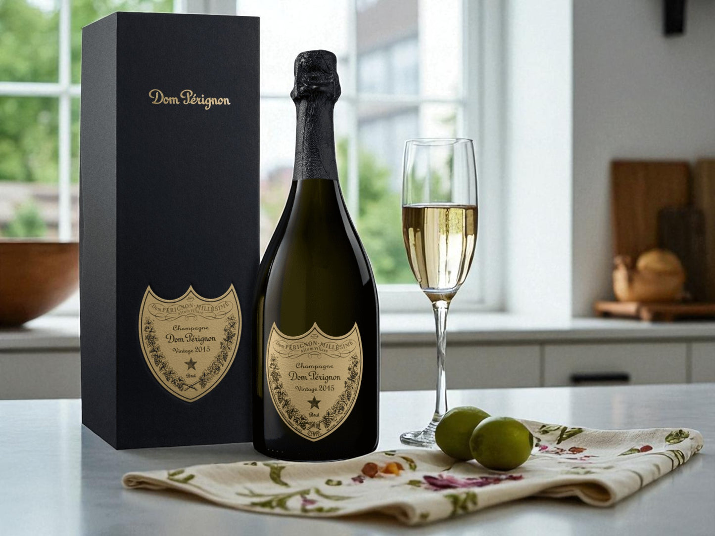 Dom Pérignon champagne bottle and glass on a kitchen counter with a decorative box.