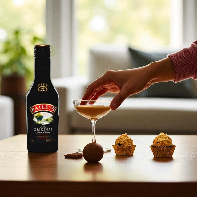 Baileys bottle with a glass of dessert drink on a table with cookies.