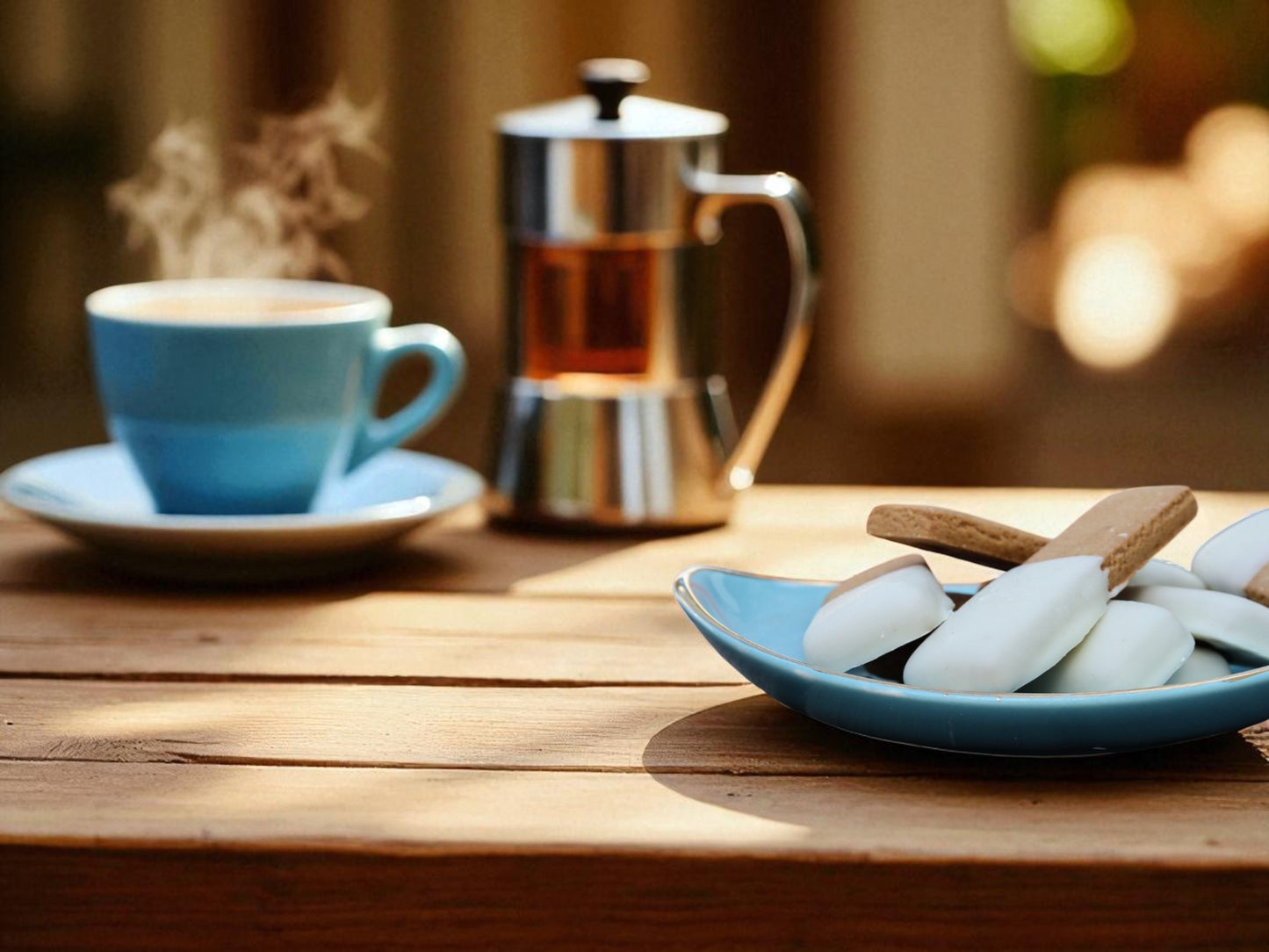 Blue mug with steaming coffee, French press, and cookies on a wooden table.