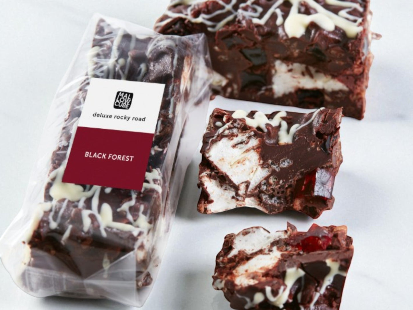 Packaged Black Forest rocky road with visible label on a white background