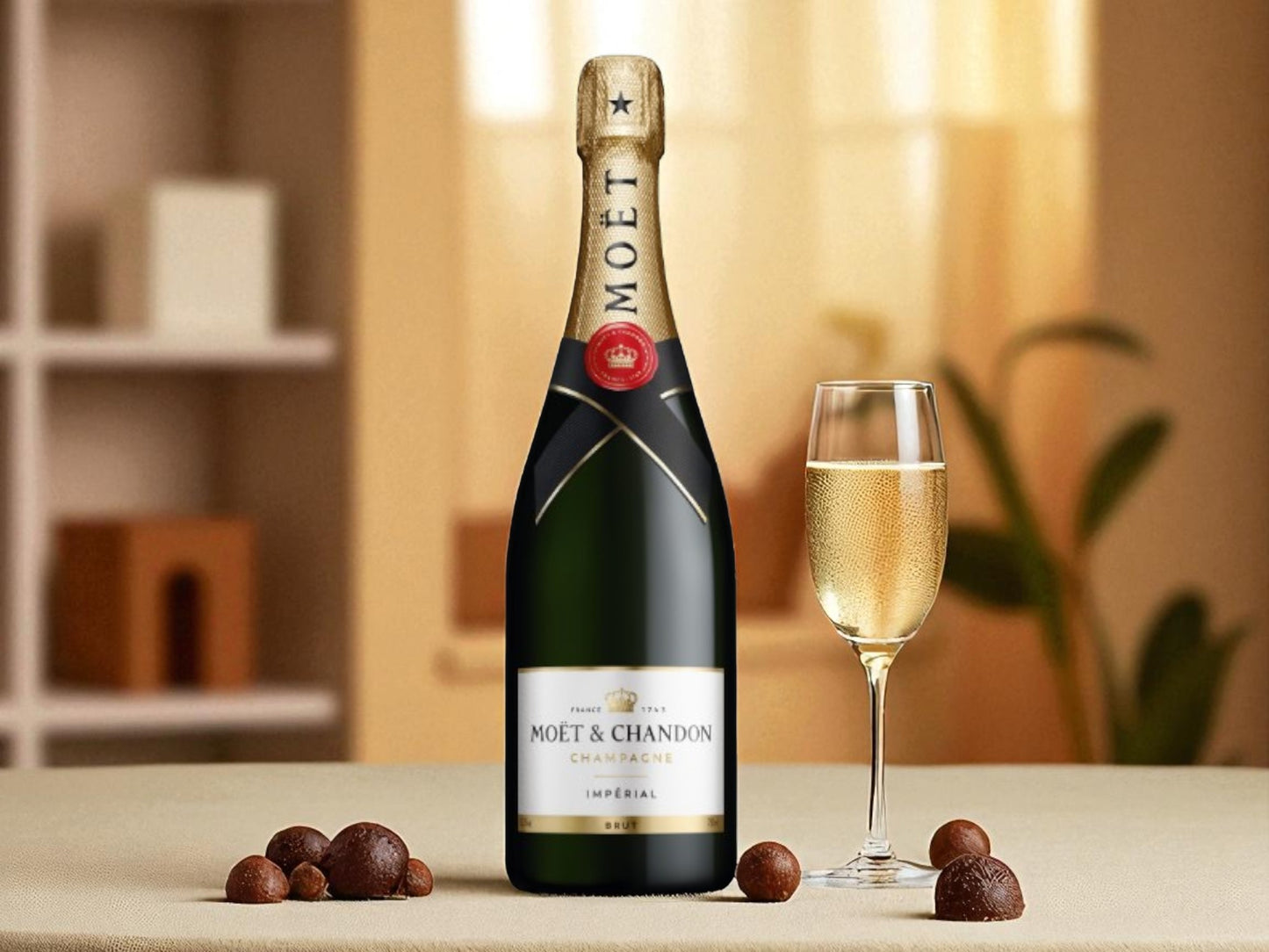 Moet & Chandon champagne bottle with a glass of champagne on a table.