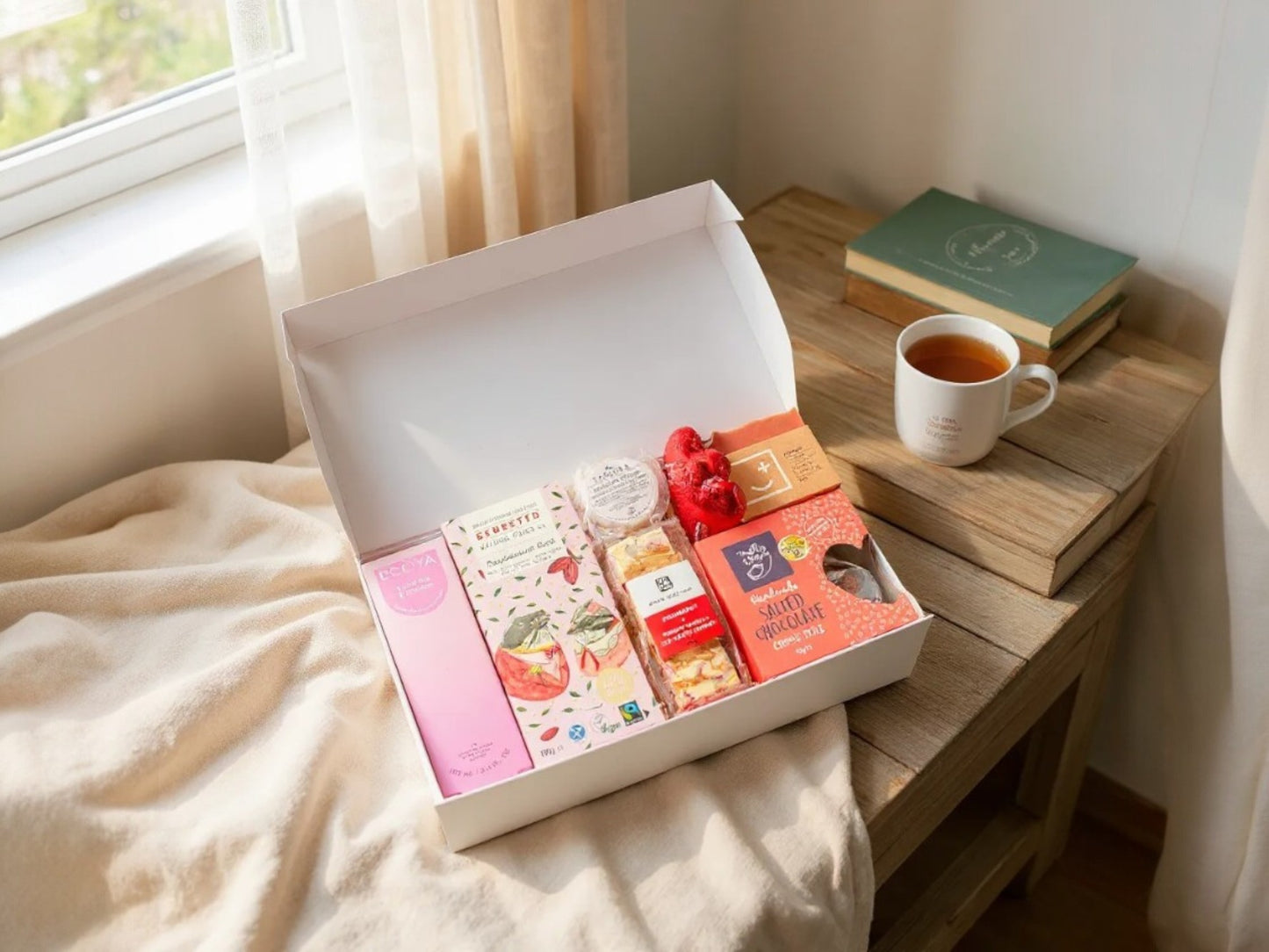 White box with and creme, biscuits, chocolate, soap and shower bomb