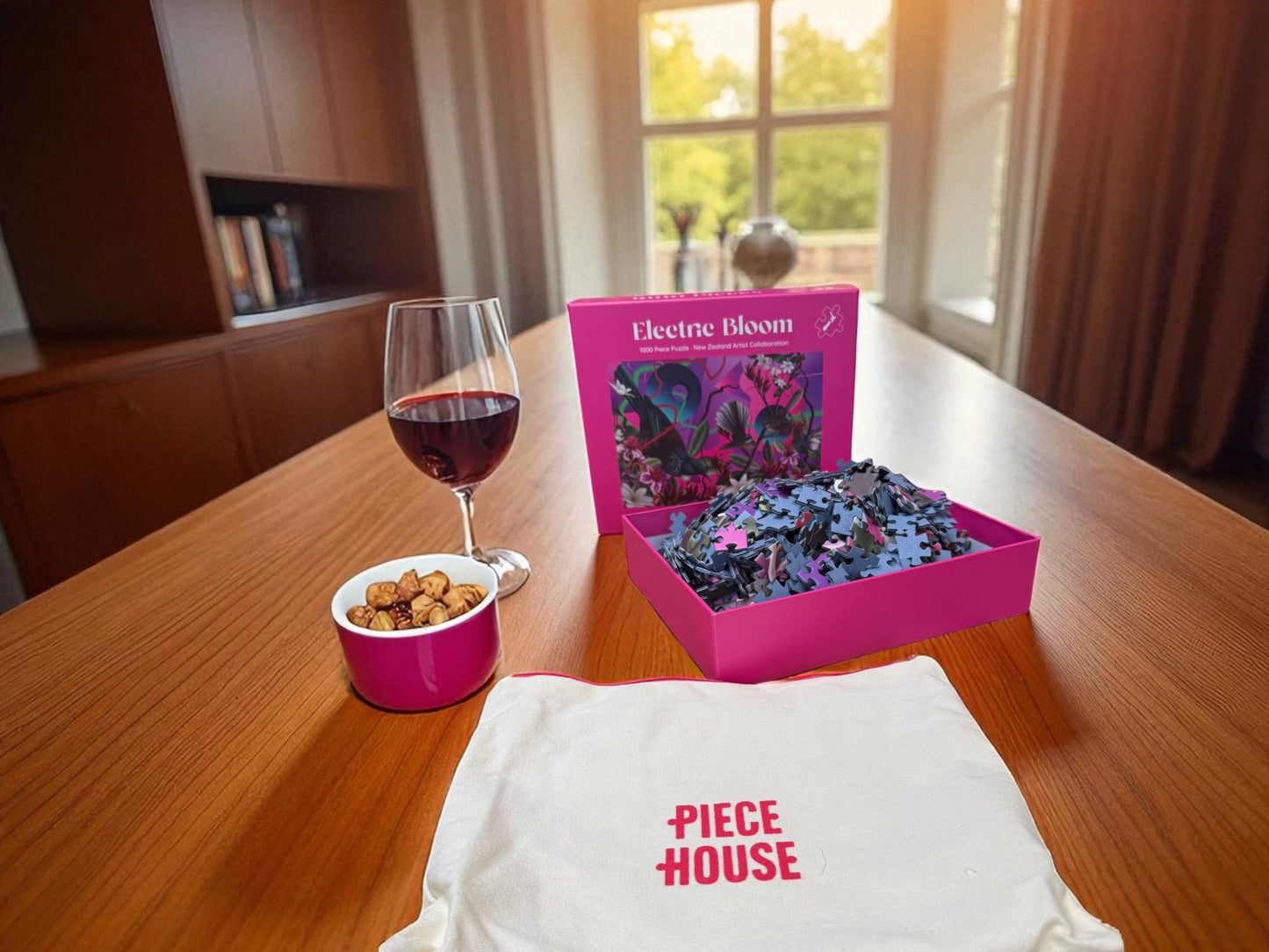 Jigsaw puzzle box labeled 'Electric Bloom' on a table with a glass of wine and a bowl of nuts.