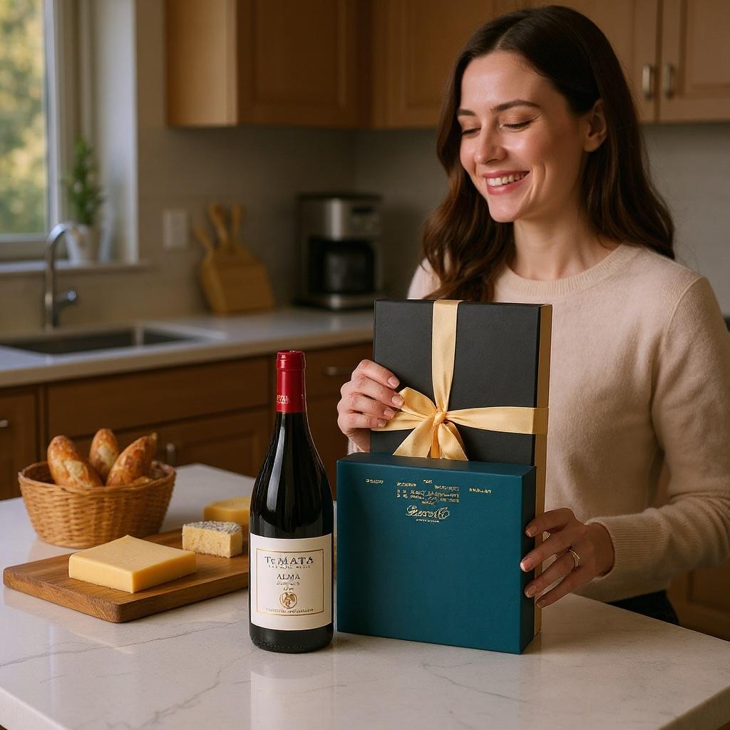 Woman opening a gift box in a kitchen with a bottle of wine and cheese on the counter.